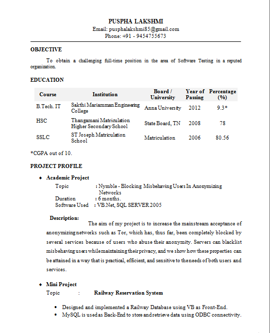 Samples of resume for b tech students